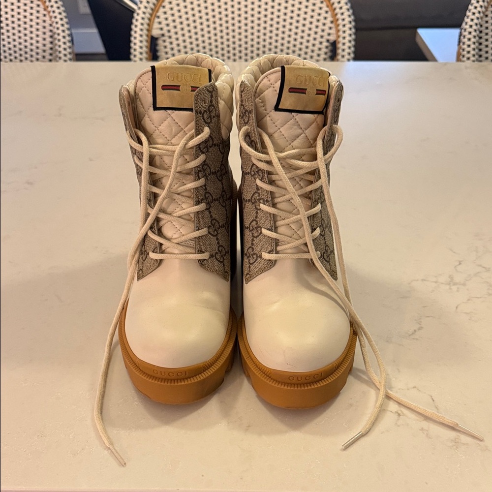 💯 Authentic Gucci Women's Supreme Canvas White and Brown Boots! PRICE DROP!!
